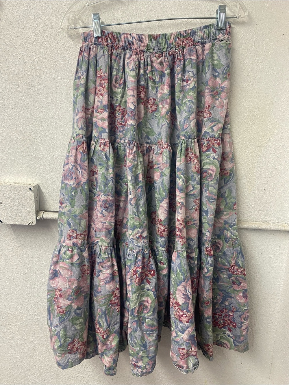 Vintage 80s western floral prairie skirt - elastic waist - cotton blend - S/M